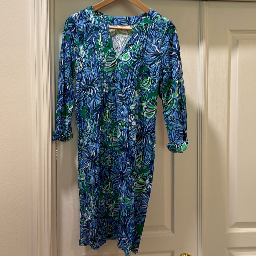 NWT small Lilly Pulitzer Fairfax 3/4 Sleeve Dress in Abaco Blue in Turtle Awe
